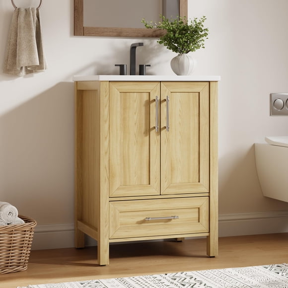 Bathroom Vanity with Ceramic Sink, Bathroom Storage Cabinet with Drawer and 2 Soft Closing Doors, Single Sink Bathroom Vanity with Integral Top