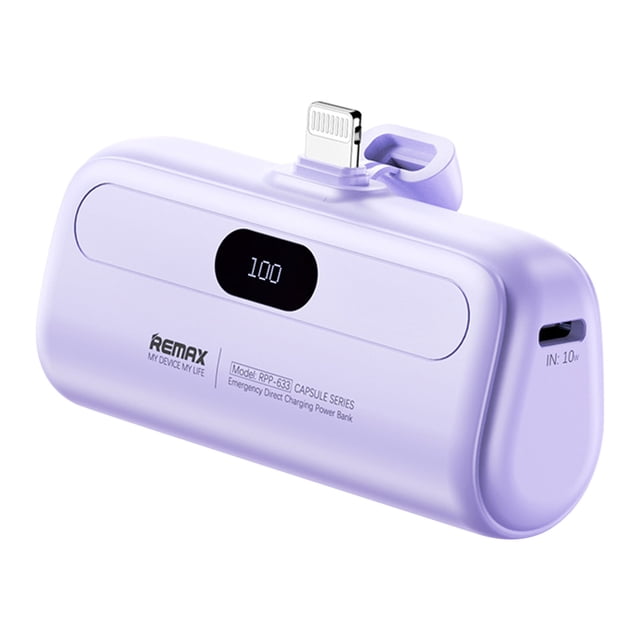 Edgergery Small Portable Charger, Mini Power Bank, Fast Charging Travel Portable Phone Charger with a compact, lightweight design. Features an integrated connector for direct plug-in charging, eliminating the need for cables. Includes a smart LCD display showing remaining battery percentage. The lavender-colored power bank has a 5000mAh capacity, ideal as a travel essential or emergency charger for daily use. Visible ports include a USB input for recharging.