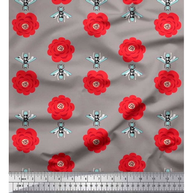 Soimoi Poly Georgette Fabric Floral & Bee Insects Print Fabric by The Yard 52 Inch Wide