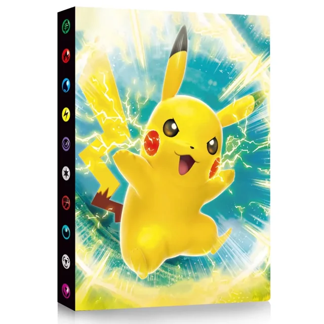 Trading Card Holder Card Album Binder by ESOOR, featuring a vibrant cartoon design with a yellow character surrounded by electric sparks on the cover. This 4-pocket binder includes 30 pages, holding up to 240 trading cards. Made from durable, waterproof, and scratchproof polypropylene material, it offers multi-layer protection for trading cards, collectible cards, and more. Suitable for PM trading cards, Yu-Gi-Oh cards, and Digimon cards. Ideal as a gift for children or collectors.