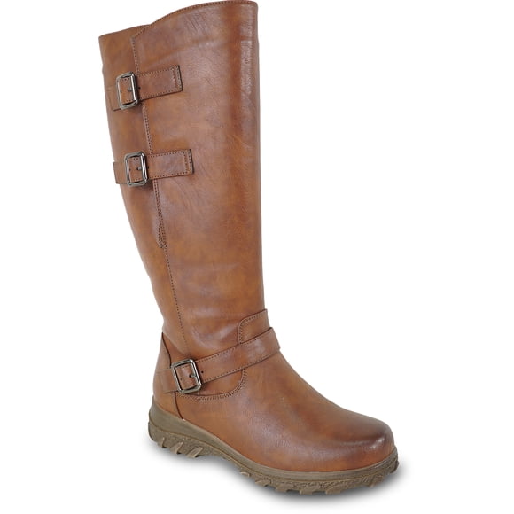 kozi Canada Women Waterproof Knee High Wide Calf Winter Casual Riding Boot ELEA-7 Fur Boot Side Zipper Removable Insole Brown - Order Half Size Up