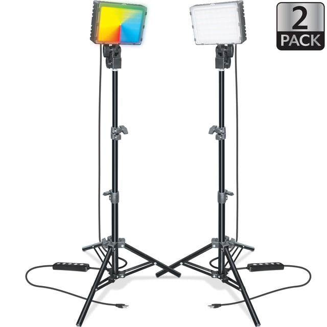 Bower 2-Pack Creator Light Kit with two adjustable RGB LED light panels on black extendable tripods from 21 to 46 inches, one panel showing full RGB colors and the other white light, each with wired remote for brightness and color adjustment, ideal for photography and video content creation.