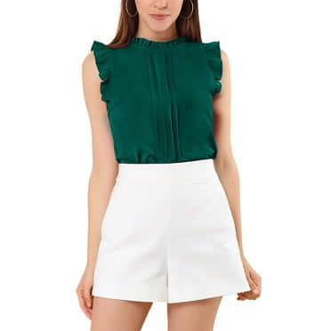 INSPIRE CHIC Women's Sleeveless Work Blouses Ruffled Pleated Chic Tops Dark Green M