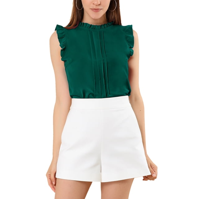 INSPIRE CHIC Women's Sleeveless Work Blouses Ruffled Pleated Chic Tops Dark Green S