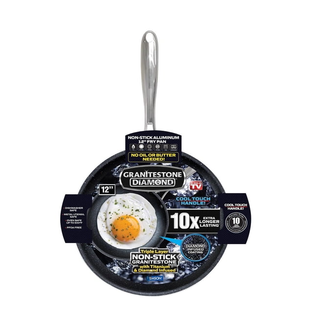 GraniteStone Diamond 12" non-stick scratch-resistant frying pan with grey granite finish, cool-touch metal handle, triple-layer titanium and diamond-infused coating, oven safe to 500°F, dishwasher safe, and designed for cooking with minimal oil or butter.