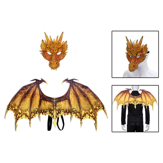 Dragon Costume Dragon Wing Adults Masquerade Cosplay Dinosaur Set in yellow, featuring a dragon mask and detailed wings with lightning-like patterns. Made of nonwoven PU foam, the wings measure 90cmx46cm and include elastic shoulder straps for easy wear. Ideal for Halloween costume wings, masquerades, and cosplay accessories.
