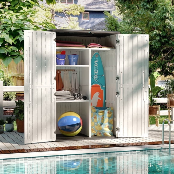 Clouddwell 64 Cu.Ft Resin Storage Shed, Lockable Outdoor Cabinet with Floor & Shelf, Waterproof Weather Resistant Organizer for Garden Backyard Poolside, White