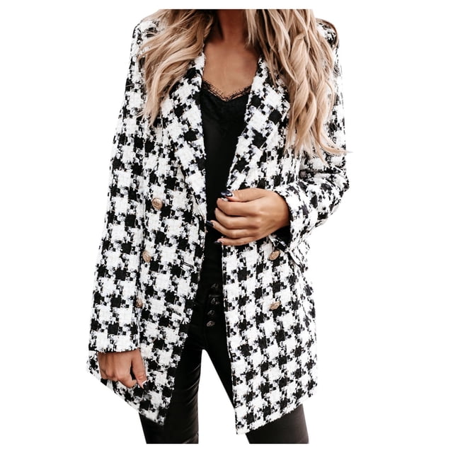 XZNGL Ladies Long Sleeve Suit Collar Double Breasted Woolen Jacket