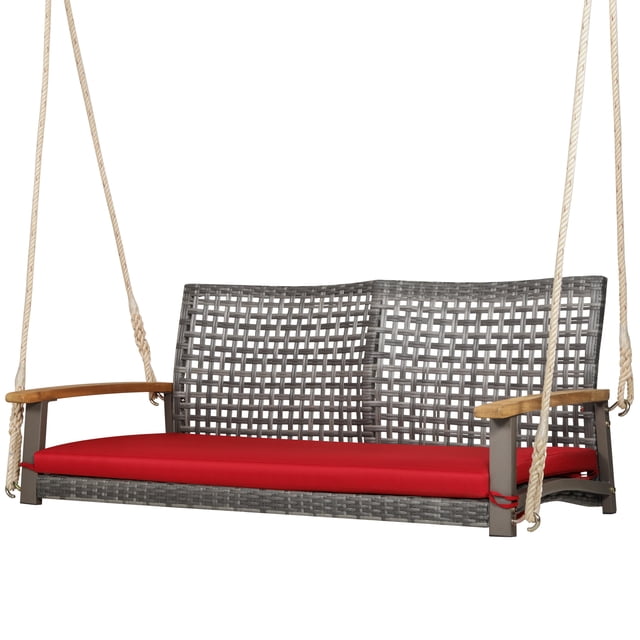 Topbuy 2-Person Wicker Loveseat Rattan Porch Swing Chair with 1 Seat Cushion and 2 Hanging Ropes, Red