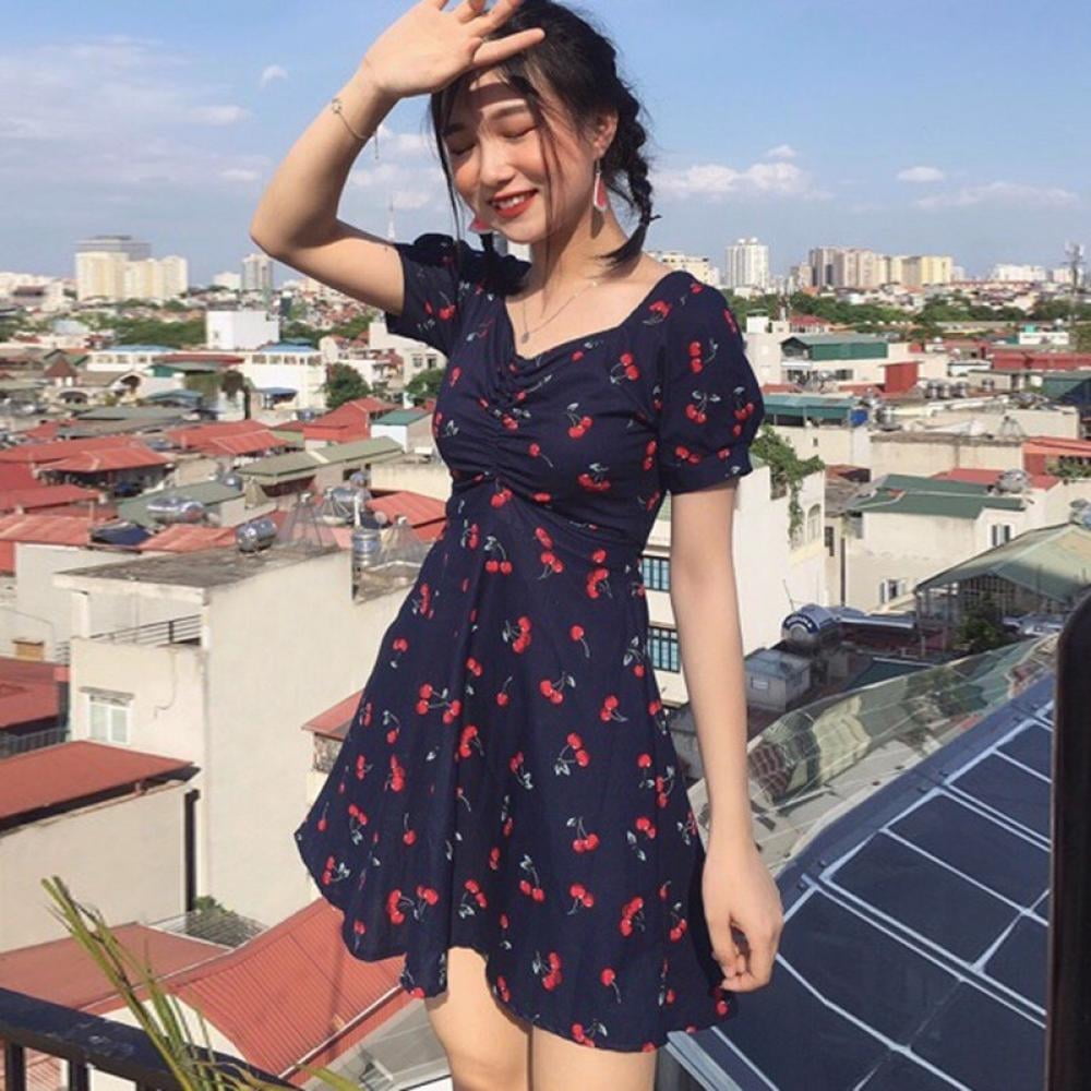 cherry dress blue Women's Fresh Style Sweet Short Sleeve V Neck Plaid/Cherry Print A-Line Lace Up Slim Mini M Dresstells Women Elegant A-Line EUwithdrawal Size:Pre-order 7XL 78 cm / 30.71