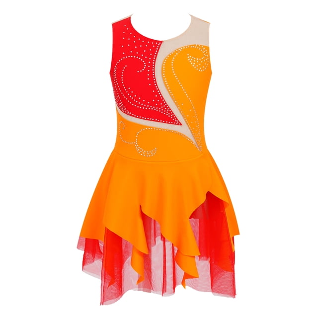 Jhaoyu Robe de Patinage à Glace Sans Manches pour Filles avec Strass Scintillants Robe de Danse Orange 12