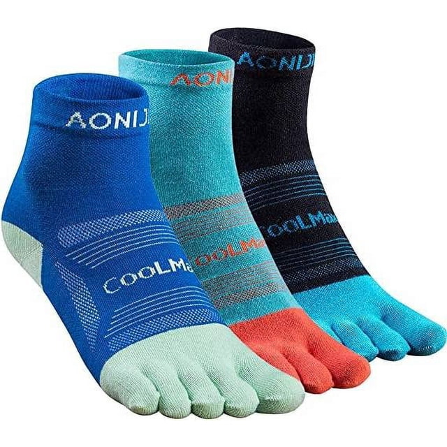 AONIJIE Coolmax Toe Socks for Men Finger Athletic Running Ankle Socks Quick Dry,3 Pairs centered front view of three ankle-length five-toe socks laid flat in rose, lake blue and black; separated toe pockets, breathable mesh panel on the dorsum, elasticized non-slip cuff, seamless toe area and low quarter profile for running and trail use; often used as travel-friendly liners for multi-sport kits.