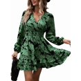 thumbnail image 2 of Robe Courte Fleurie pour Femme à Manches Longues, Décontractée, Col en V, Chiffon, Modeste, Bohème, Fluide, Automne, Invitée de Mariage, Vert, M, 2 of 9