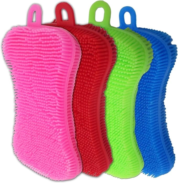 Silicone Dish Sponge - Dishwashing Kitchen Scrubber - Double Sided Sponge Brush - Multipurpose & Reusable Silicone Dish Sponges for Dishes, Fruits & Vegetables Cleaning - Multicolor (4 Pack)