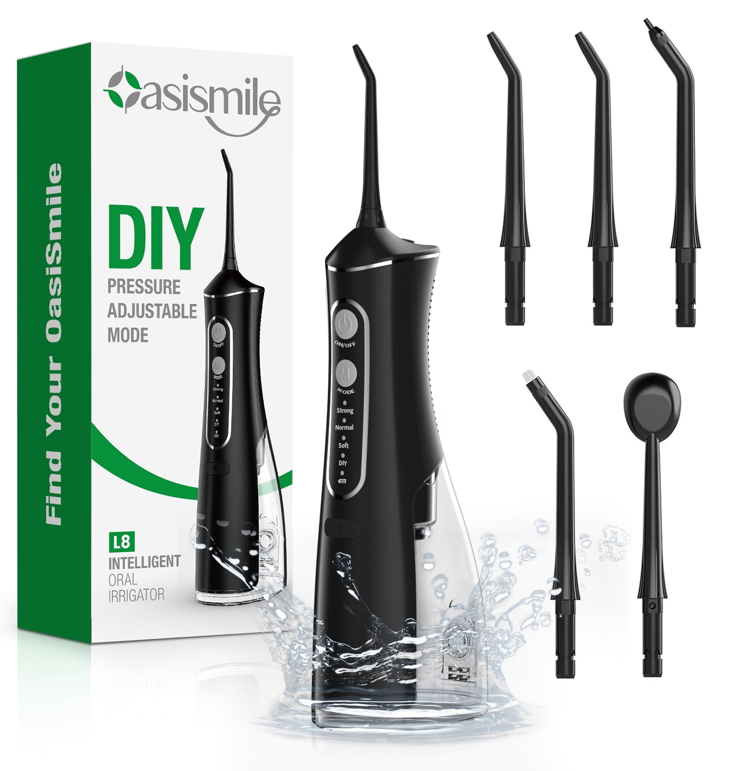 OasiSmile Water Flosser for Teeth Cleaning and Flossing, Portable Cordless Water Picks, Dental Floss 300ML Rechargeable Oral Irrigator with 5 Jet Tips for Home Travel Office, Black