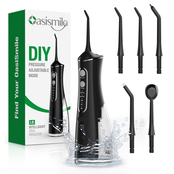 OasiSmile Water Flosser for Teeth Cleaning and Flossing, Portable Cordless Water Picks, Dental Floss 300ML Rechargeable Oral Irrigator with 5 Jet Tips for Home Travel Office, Black