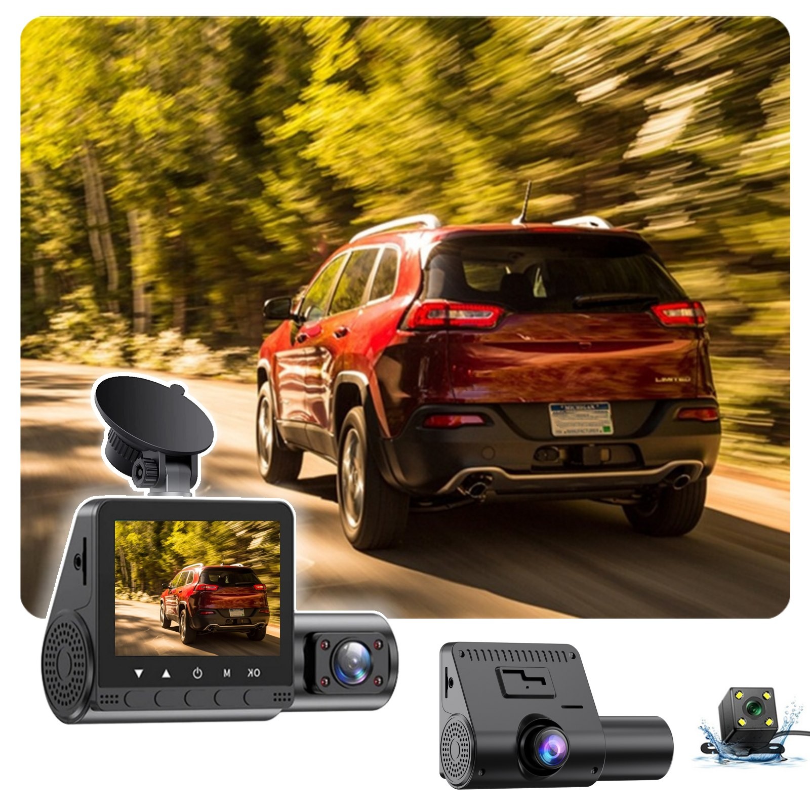 Danhjin Vehicle Recorder 3 Channel Dash Cam Front And Rear Inside 1080P Dash Camera for Cars Dashcam Three Way Car Camera With Ir Night Vision Loop Recording Motion Detection