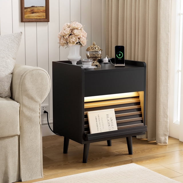 GUNAITO Nightstand with Charging Station Bedside Table with LED Light Wood Nightstand with Wave Texture Drawers End Table with USB Ports and Outlets for Small Space Black 1pc