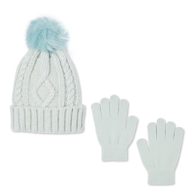 George girls' hat and gloves 2-piece set in light blue knit, featuring a beanie with ribbed turned cuff, cable knit pattern, and fluffy pompom, paired with matching knit gloves with ribbed cuffs for warmth in cold weather.