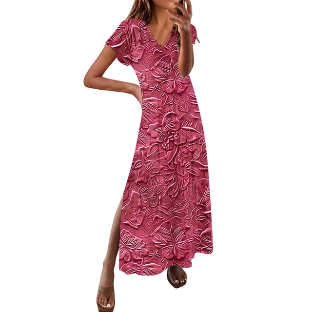 UPPADA Robe Maxi à Col en V pour Femme, Imprimé Floral, Robe d'Été Décontractée à Manches Courtes, Style Bohème, Robe de Plage avec Fente Latérale, Robe de Cocktail pour Fête, Tenue de Plage pour Femme, Rouge, XXXXXL