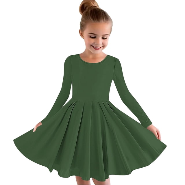 MeetoTime Robe de Performance pour Filles à Manches Longues, Couleur Unie, Col Rond, Extensible, Robe de Récital Scolaire, 4-14 Ans, Vêtements pour Enfants