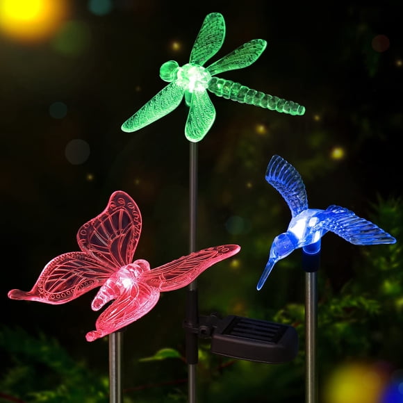 Solar Garden Lights - 3 Pack Solar Stake Lights Outdoor Color Changing Solar Powered Halloween Decorative Landscape Lighting Hummingbird Butterfly Dragonfly for Patio Yard Pathway Lawn Walkway