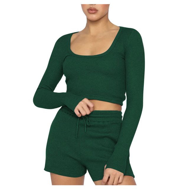 Hauts à Manches Courtes pour Femmes Mode Décontractée Unie Manches Longues Col Rond Ensembles de Pantalons Courts Légers d'Été pour Femmes