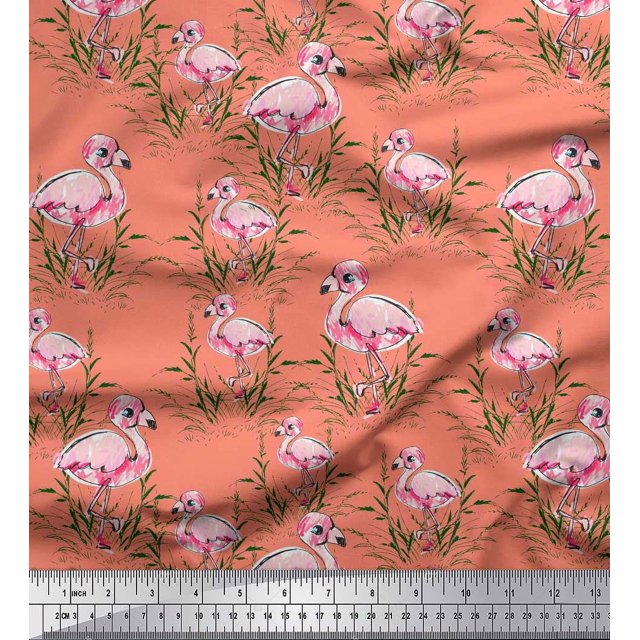 Soimoi Orange Poly Georgette Fabric Grass & Flamingo Bird Print Fabric by Yard 42 Inch Wide