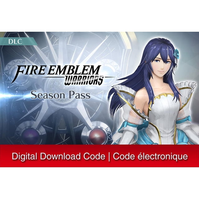 Fire Emblem Warriors Season Pass DLC digital download code for Nintendo Switch featuring a character in a white and blue bridal costume with gold trim, set against a mechanical gear background with the game logo.
