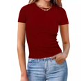 thumbnail image 2 of Plebaso Women's Basic T Shirts Ribbed High Neck Slim Tee Shirts Short Sleeve Casual Solid Color Tshirts, 2 of 6