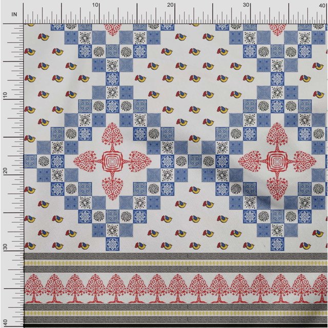 Soimoi Poly Georgette Fabric Geometric,Tree & Bird Panel Printed Fabric 1 Yard 52 Inch Wide