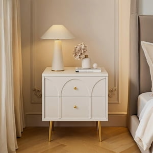 GStone Table de chevet blanche d'ivoire moderne, 2-Drawer Table de chevet avec finition lisse et pieds en métal doré, Minimalist Mid-Century Table Accent pour chambre ou salon