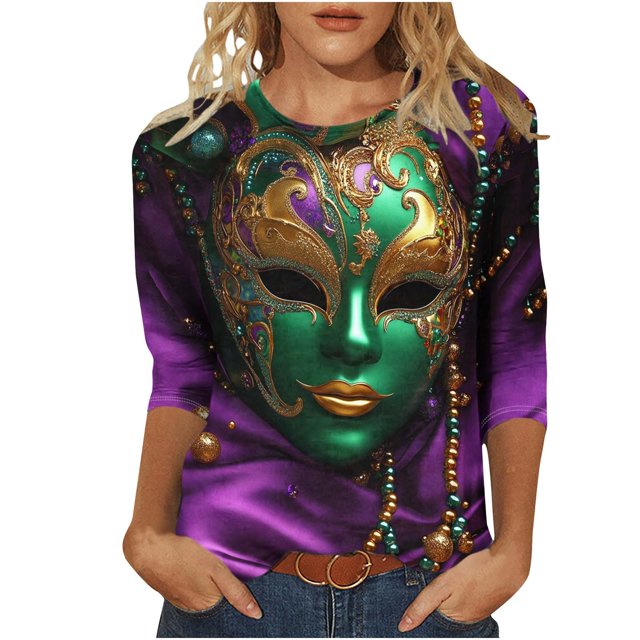 Penkiiy T-shirt Blouse Décontractée à Manches 3/4 et Col Rond pour Femmes, Impression Mode Mardi Gras, Multicolore