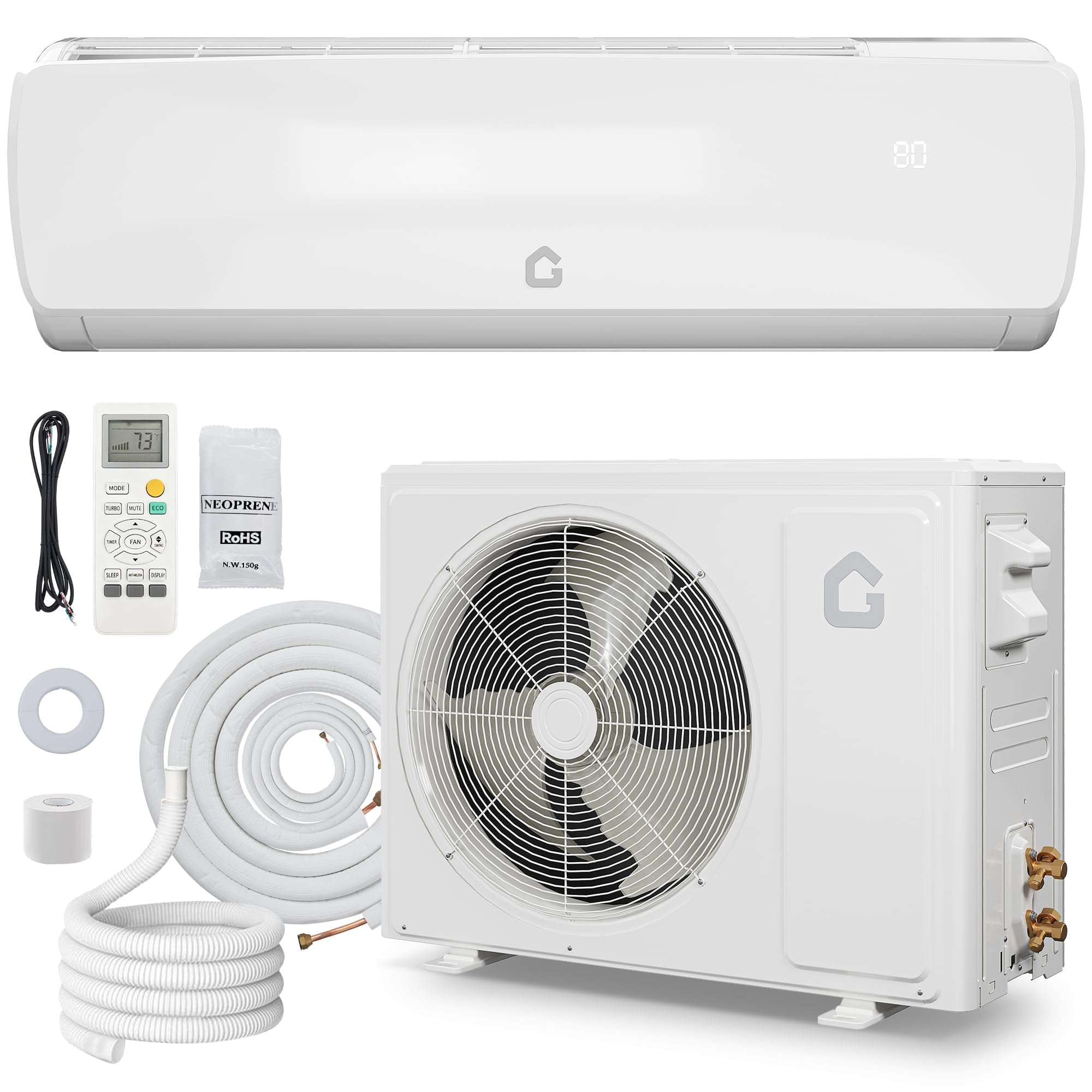 9000 BTU Mini Split Air Conditioner Heat Pump, 19 SEER2 230V Energy Efficient Inverter Ductless System Cools Up to 450 Sq. Ft, Pre-Charged Condenser, Complete Installation Kit