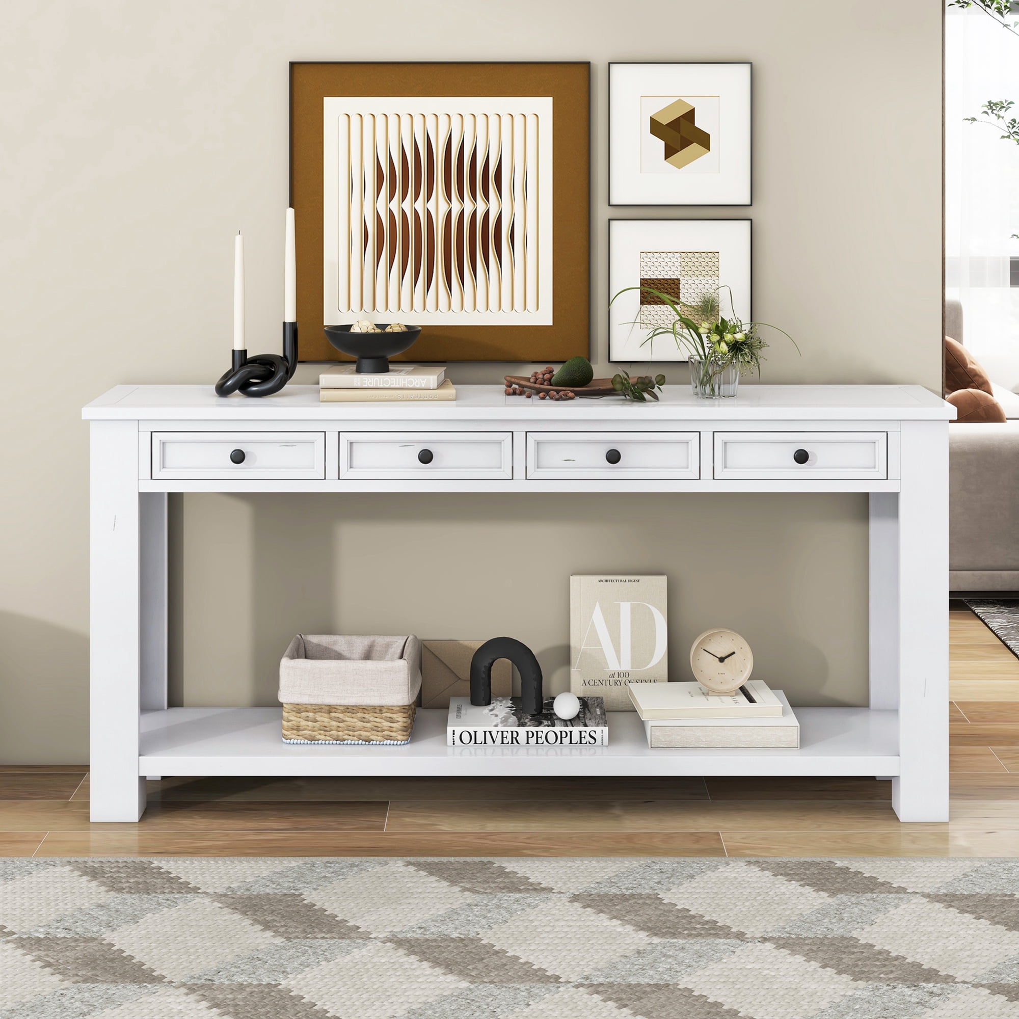 Noble House Console Entryway Table with Storage Drawers and Bottom Shelf for Hallway and Living Room ,Antique White