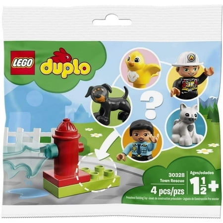 LEGO Duplo 30328 Town Rescue Mystery Poly Bag featuring a small red fire hydrant build, a green base, and a mystery figure. The packaging shows illustrations of possible figures, including a firefighter, a dog, a duck, and a cat. Suitable for ages 1.5 and up.