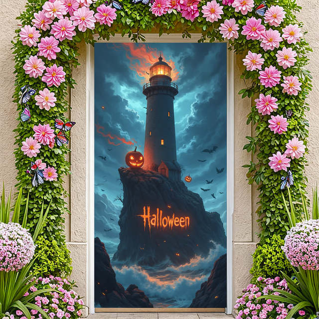 Haunted Lighthouse Halloween Banner Scary Ghost Pumpkin Design for Party Decoration Night Celebration Holiday Event