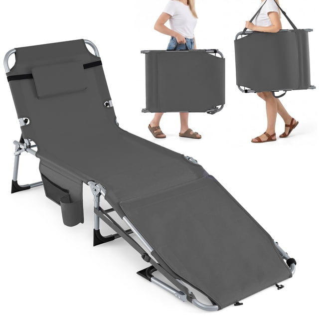 Gymax Chaise de Bronzage Pliante, Bain de Soleil Inclinable avec Trou pour le Visage et Oreiller Amovible, Dossier et Positions des Jambes Réglables, Gris