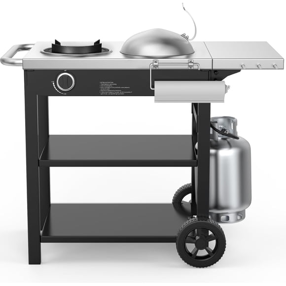 Outdoor Wok Station, Propane Outdoor Wok Burner with Prep Table, Stainless Steel Side Table, Storage, Outdoor Cooking Station for Stir Fry, Searing, BBQ