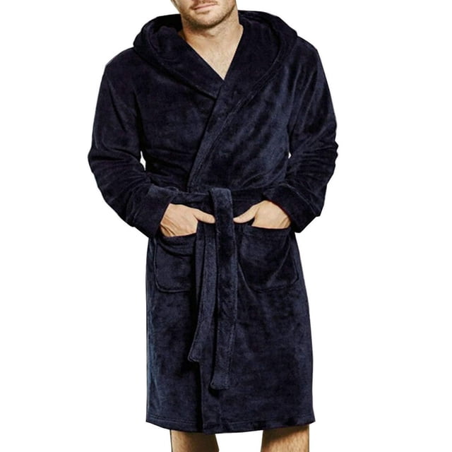 Mens Fall Long Sleepwear Flannel Robes Shawl Collar Bathrobe Pajamas