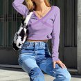 thumbnail image 3 of Birdeem Womens V-Neck Slim Cross Lace Solid Color Bottom Long-Sleeved Pullover Shirt Top, 3 of 7