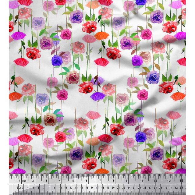 Soimoi Tissu Popeline de Coton Imprimé Feuilles & Roses au Mètre 42 Pouces de Large