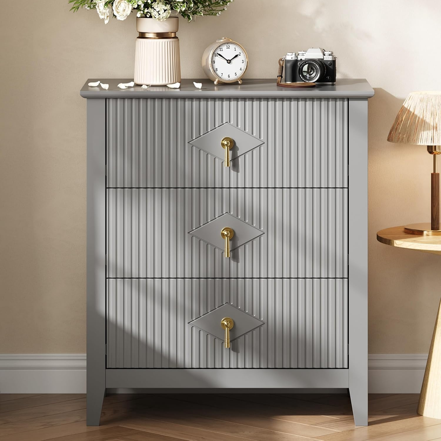 Fluted 3-Drawer Dresser 27.6In Mid-Century Chest of Drawers for Bedroom Entryway Grey