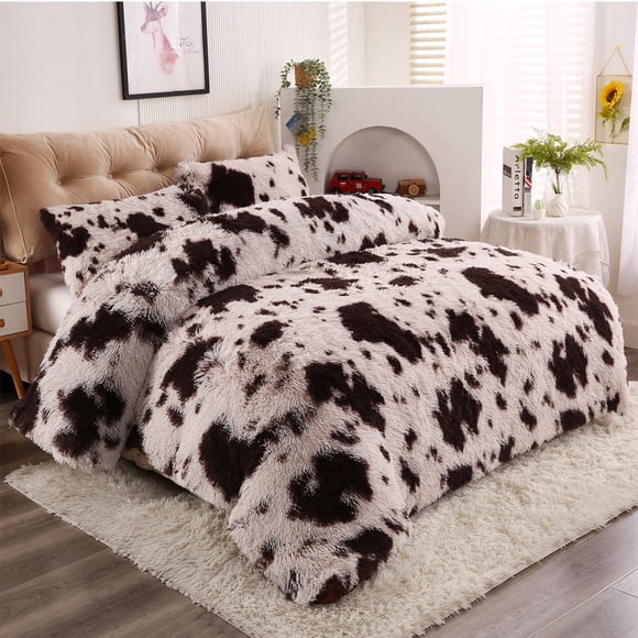 EASTIN Plush Shaggy Fuzzy Duvet Cover Set Black White Cow Print Soft Crystal Velvet Twin Bedding Set (1 Faux Fur Duvet Cover + 1 Faux Fur Pillowcases)