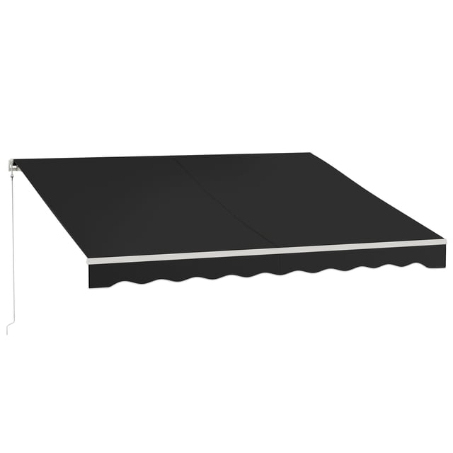 Outsunny Auvent Rétractable Électrique 12 Pieds x 10 Pieds avec Télécommande en Noir. Cet Auvent Extérieur Motorisé Présente un Cadre durable en Aluminium et Acier, Tissu polyester 270 G/m2 avec Revêtement PU pour protection UV, et un angle d'Inclinaison Réglable de 14 à 30+. Comprend une Télécommande et une Manivelle Manuelle pour l'Utilisation. Convient à une installation sur Murs en Béton, Bois Dur Ou Briques. Dimensions : 141,7 Pouces de long par 118,1 Pouces de Large.