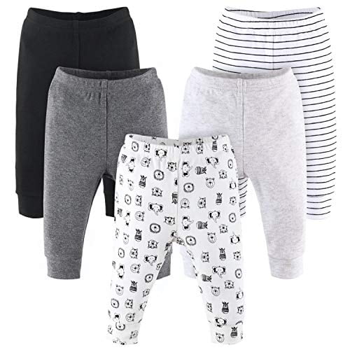 5 Pack Baby Pants Set in black, grey, and safari animal designs, suitable for sizes up to 24 months. Includes five pairs: one with hand-drawn zoo animal faces on a warm ivory background, one with black and white stripes, and three solid colours in black, dark heather grey, and light heather grey. Made from 100% breathable cotton with an elastic waistband and self-fabric cuffs for a comfortable fit. Durable, fade-resistant, and machine washable.