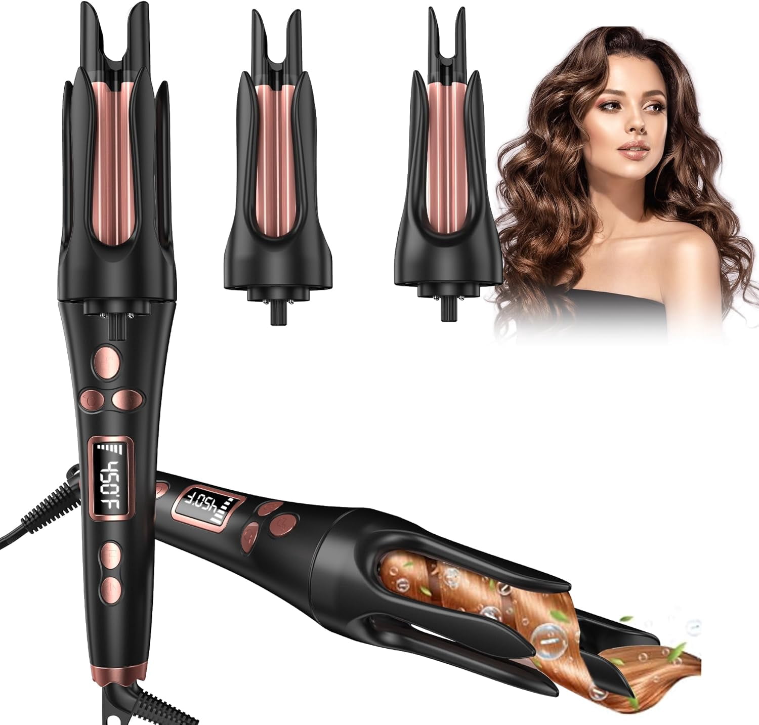 3-in-1 Automatic Curling Iron Set, Interchangeable Hair Styler with 3 Rotating Ceramic Barrels (0.75", 1", 1.25") for All Hair Types, Dual Voltage