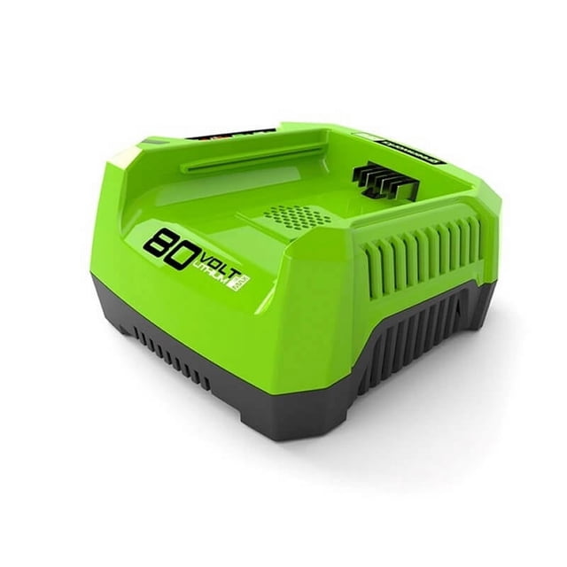 Greenworks PRO 80V Lithium Ion Single Port Rapid Battery Charger in a vibrant green and black design. Features include a built-in fan for rapid charging, completing a 2Ah battery charge in 30 minutes, and a diagnostic LED fuel indicator for quick reference. Compact and versatile, it can be stored on a shelf or wall-mounted. Compatible with Greenworks battery models GBA80200 and GBA400, and designed for electric power tools. Energy Star certified for efficiency.