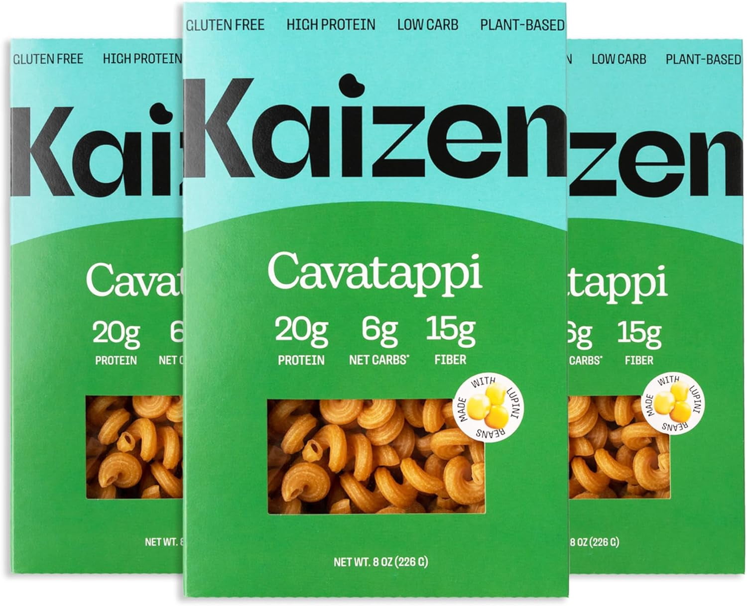Kaizen Low Carb Cavatappi Lupini Pasta - Keto Pasta, High Protein, Plant Based, Made with High Fiber Lupin Flour - 8 ounces (Pack of 3)
