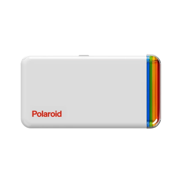 Polaroid Hi·Print 2x3 Pocket Photo Printer Generation 2 wireless, compact white rectangular device with rounded edges, red Polaroid logo, and a transparent side showing rainbow-coloured layers, designed for Bluetooth printing of 2x3 photos from mobile devices.